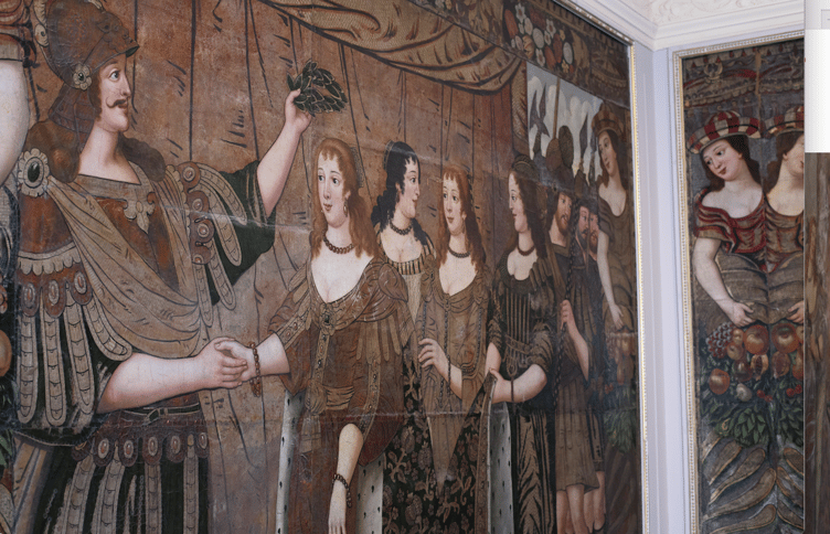 Detail shown in one of the main leather hangings on display in Dunster Castle. PHOTO: National Trust/Steve Haywood.