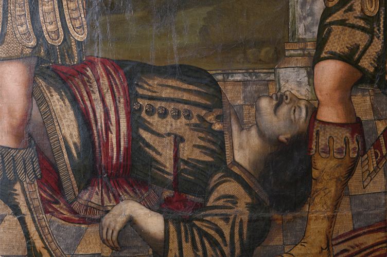 A man who has been felled is shown in the one of Dunster Castle's leather hangings. PHOTO: National Trust/Steve Haywood.