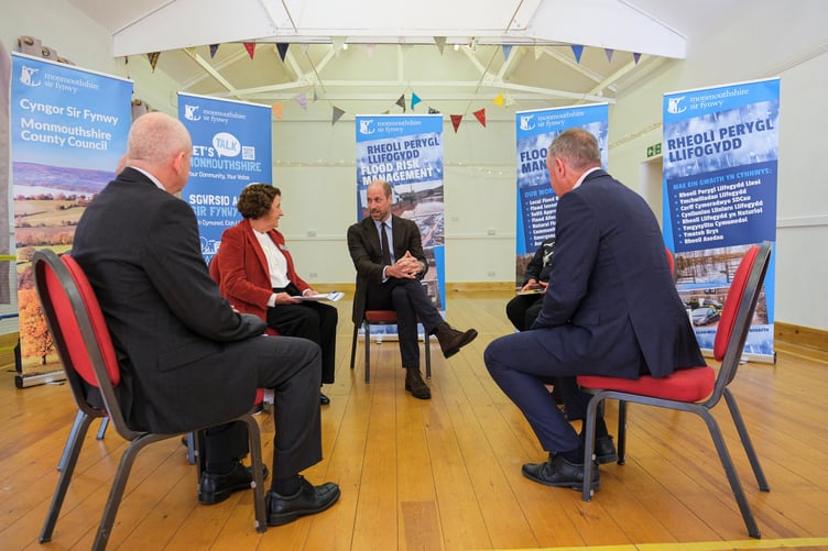 The Prince of Wales attends a meeting with representatives from Natural Resources Wales, the Welsh Government, and Monmouthshire County Council during a visit to the village of Skenfrith (Mathieu Willcocks/PA Wire)
