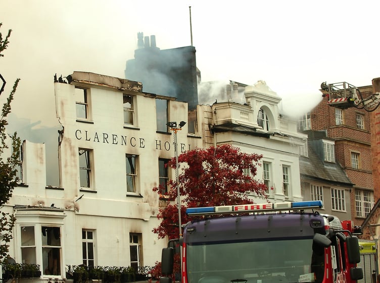 Fire guts the Royal Clarence Hotel, Cathedral Close, Exeter. Photo: StevePope/MDA