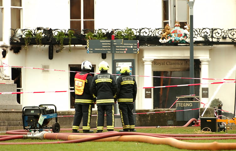 Fire guts the Royal Clarence Hotel, Cathedral Close, Exeter. Photo: StevePope/MDA