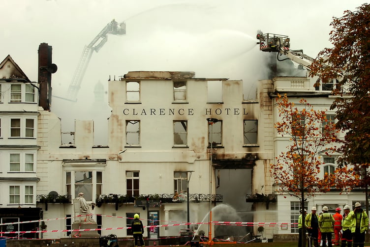 Fire guts the Royal Clarence Hotel, Cathedral Close, Exeter. Photo: StevePope/MDA